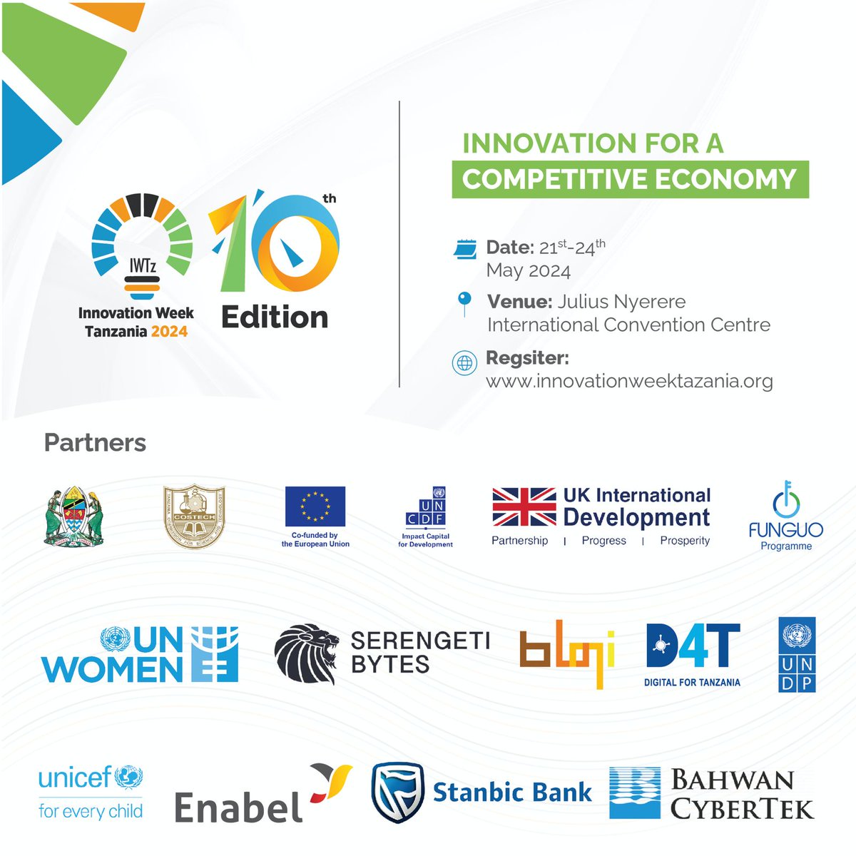 We are proud to announce the official partners for Innovation Week Tanzania 2024! @Undptz @costechTANZANIA @UNICEFTanzania @UNCDFdigital @unwomentanzania @Enabel_Belgium @serengetibytes @BCTglobal @Funguo_Tz @EuinTZ @UkinTanzania @StanbicBankTZ #InnovationWeekTanzania #IWTz2024