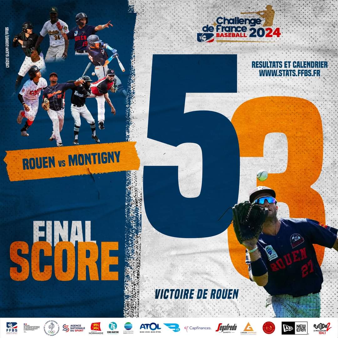 FINAL SCORE - Challenge de France Baseball 2024 ⚾️ À Rouen, victoire du @rouenbaseball76 face aux @CougarsMontigny : 5-3, au terme de 10 manches ! ➡️ Plus d'informations sur stats.ffbs.fr #ChallengedeFrance #Baseball #France