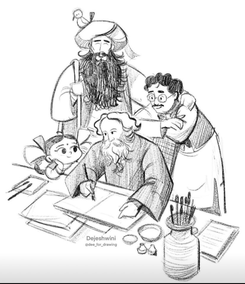 I meant to share this on Tagore’s birth anniversary, but clearly forgot. This lovely illustration (not by me) features Tagore himself, with the characters from his much loved story The Kabuliwala- Rahmat, little Mini and Mini’s baba.