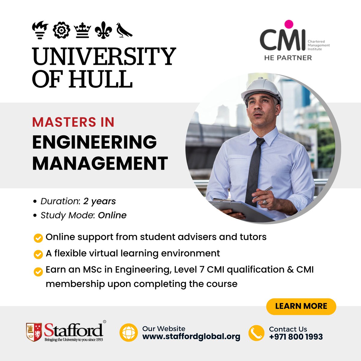 Enhance your engineering expertise with the Online Masters in Engineering Management from the University of Hull UK. 👉 staffordglobal.org/course/masters… Speak to a Stafford Global higher education consultant: 📲 +971 800 1993 💻 info@staffordglobal.org #StaffordGlobal #OnlineLearning