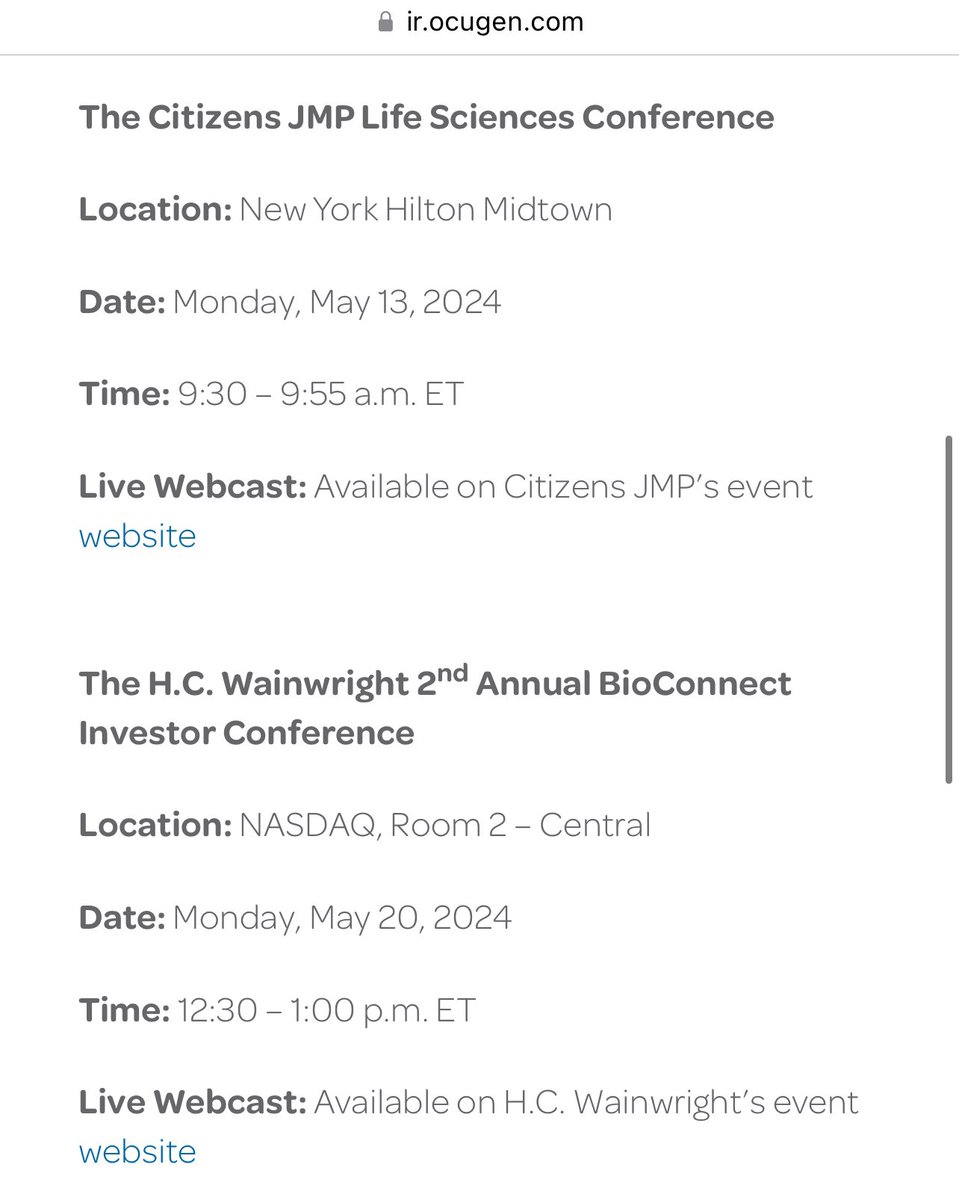 #Ocugen to Present at May 2024 Investor Conferences—The Citizens #JMP Life Sciences Conference and the H.C. Wainwright 2nd Annual BioConnect Investor Conference (Fireside chat) at NASDAQ on May 20, 2024. $OCGN

ir.ocugen.com/news-releases/…