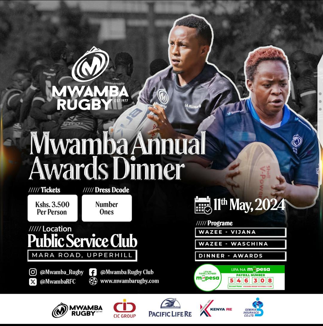 Join Mwamba Rugby for a special dinner honoring the best players, male and female! Celebrate their achievements and enjoy a night of fun. Don't miss out—grab your seat now! Check the poster for details. #Rfamily