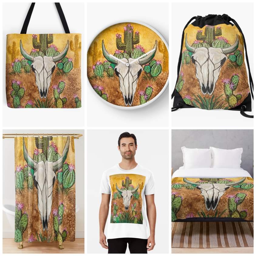 May 10th is National Cactus Day. Here is my painting with a bull skull in some cactus with some products.       redbubble.com/shop/ap/157116…
#mattstarrfineart #artforsale  #gift #giftideas #tshirts #homedecor #cactus #cacti #plant #desert #arizonia #bull #skull #sunset  #succulent