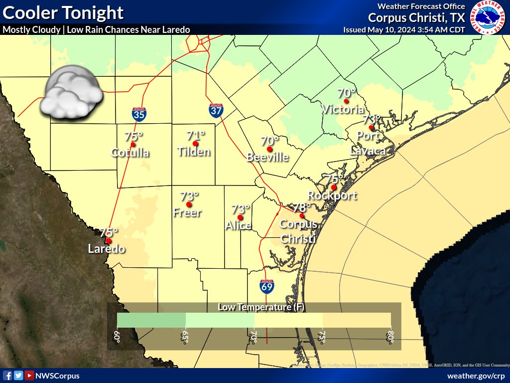 A little bit cooler tonight with lows ranging in the 70s under mostly cloudy skies and a low (20%) chance for showers and storms near the Rio Grande Plains. #stxwx #txwx