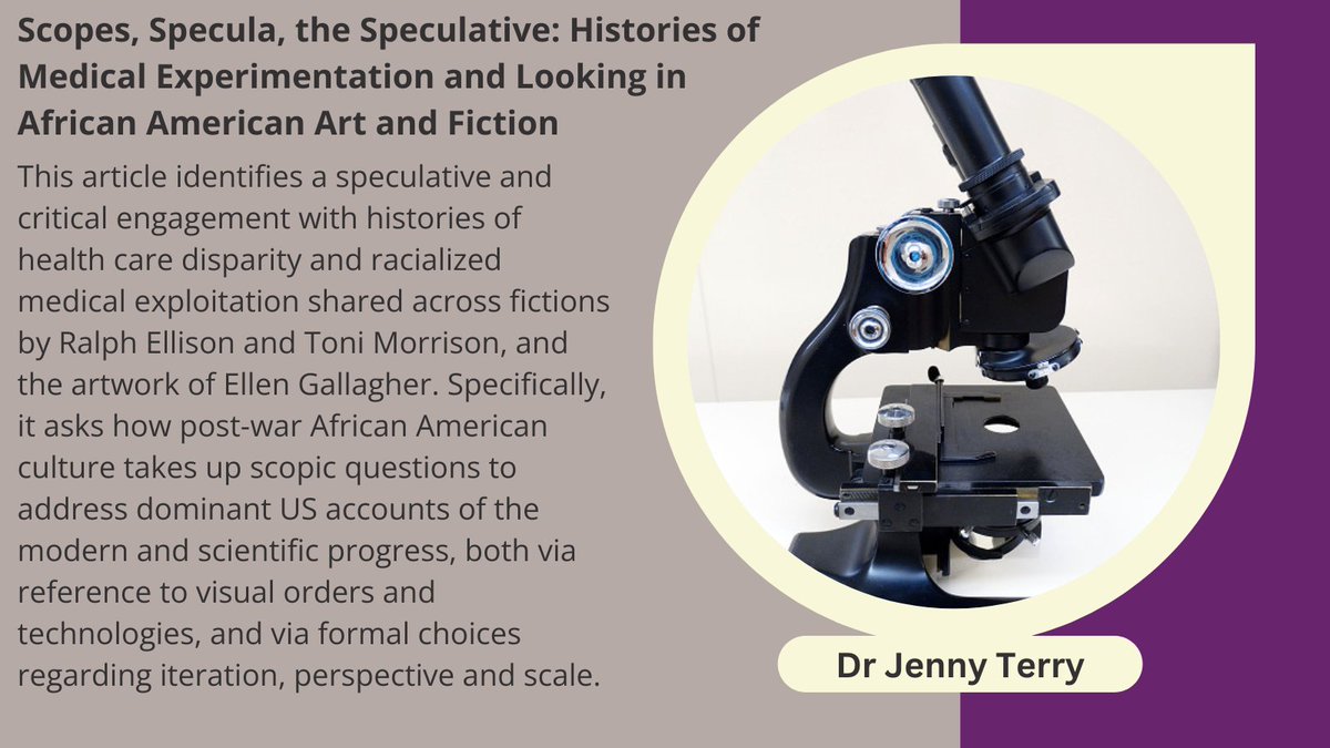 Dr Jenny Terry's (@ImaginedFuturs) new paper 'Scopes, Specula, the Speculative: Histories of Medical Experimentation and Looking in African American Art and Fiction' is now published in @jnlamstudies by @CambridgeUP Read more online 👉cambridge.org/core/journals/…