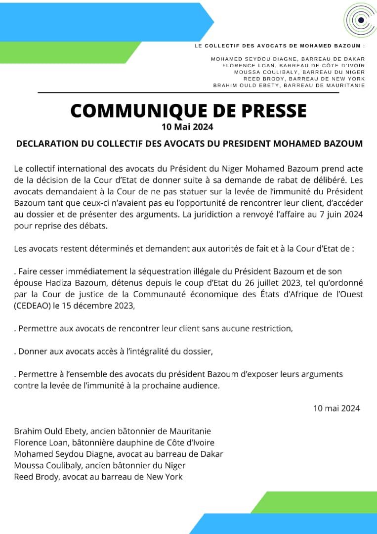 #Niger | ⚖️ COMMUNIQUE DE PRESSE DU COLLECTIF DES AVOCATS DU PRÉSIDENT MOHAMED BAZOUM