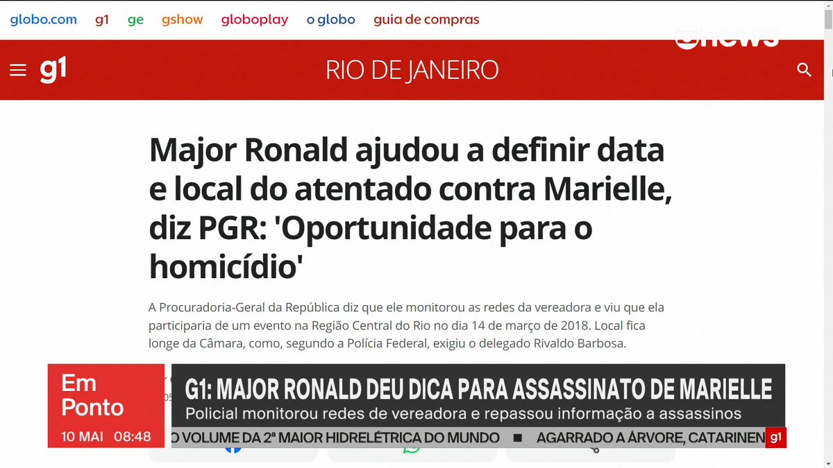 PGR: Major Ronald, encarregado de obter informações sobre a rotina de Marielle Franco, foi quem deu a dica de executar a vereadora na Região Central do Rio, no dia 14 de março de 2018.

➡ Assista ao #GloboNewsEmPonto: glo.bo/39WjXAu #GloboNews