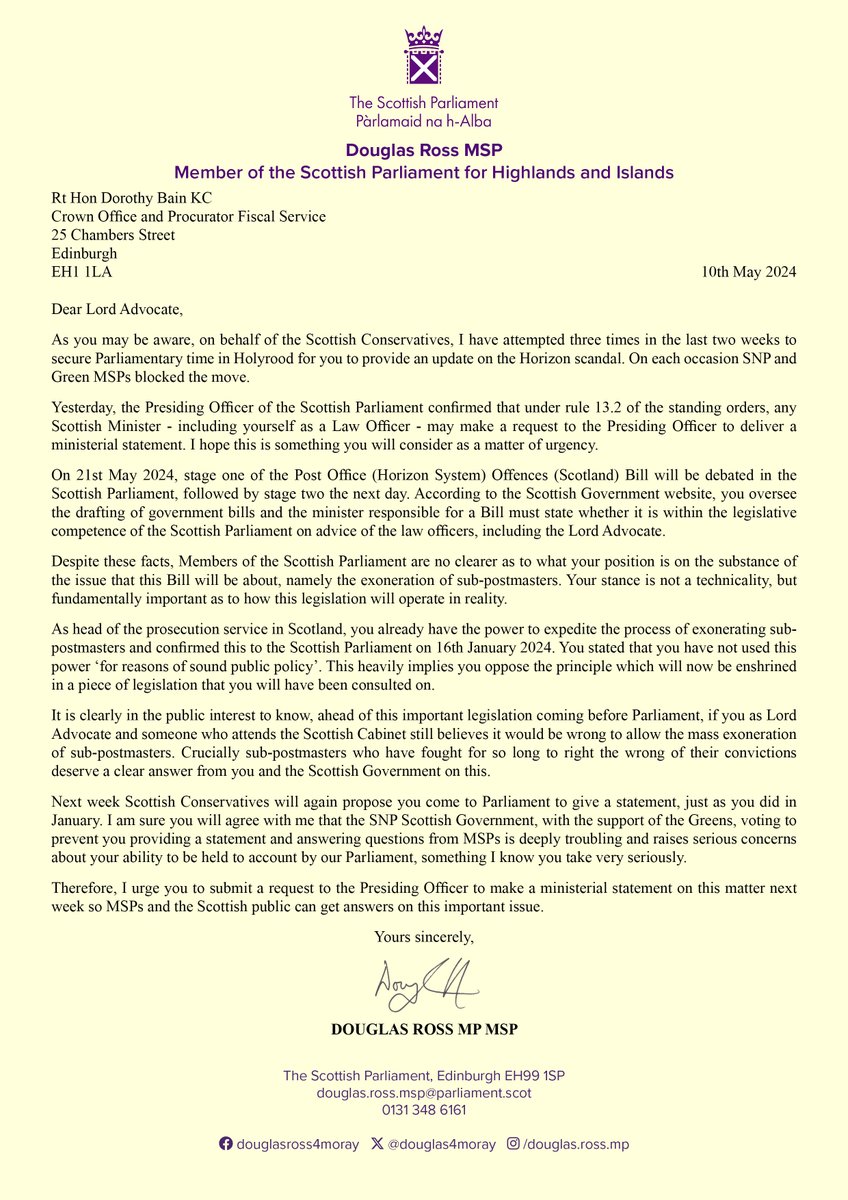 Scottish victims of the Horizon scandal deserve to know if the head of the Crown Office and the SNP Government's chief legal advisor backs plans for a mass exoneration. I have written to the Lord Advocate today urging her to come to Parliament and make her position clear👇