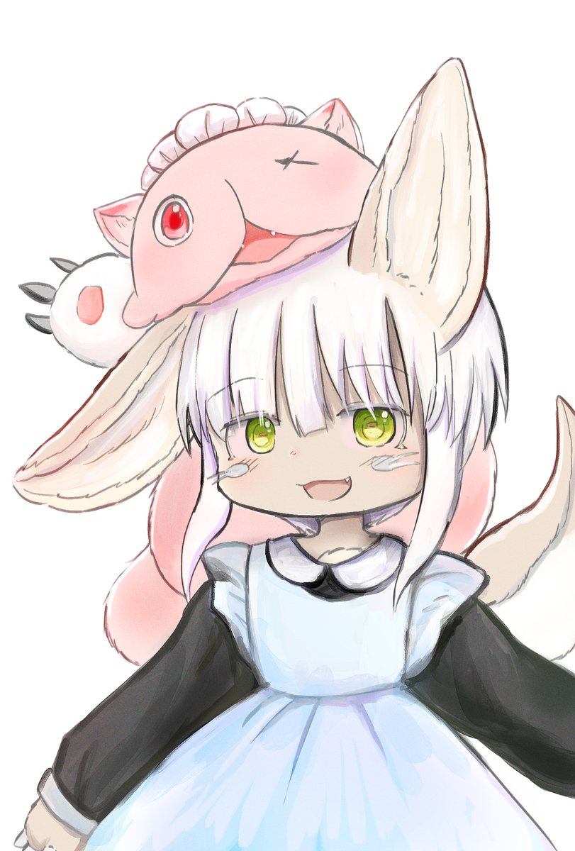 nanachi (made in abyss) looking at viewer smile open mouth short hair simple background white background red eyes  illustration images