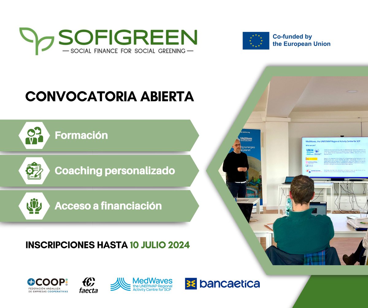 📢Good News! The #CallforProposals for #Sofigreen is live! Seeking 30 companies located in Andalusia 🇪🇸for training, grants, and coaching in access to finance. 

📑Criteria: sustainability, environmental commitment, international potential. 

👉Apply now! bit.ly/Sofigreen_Call