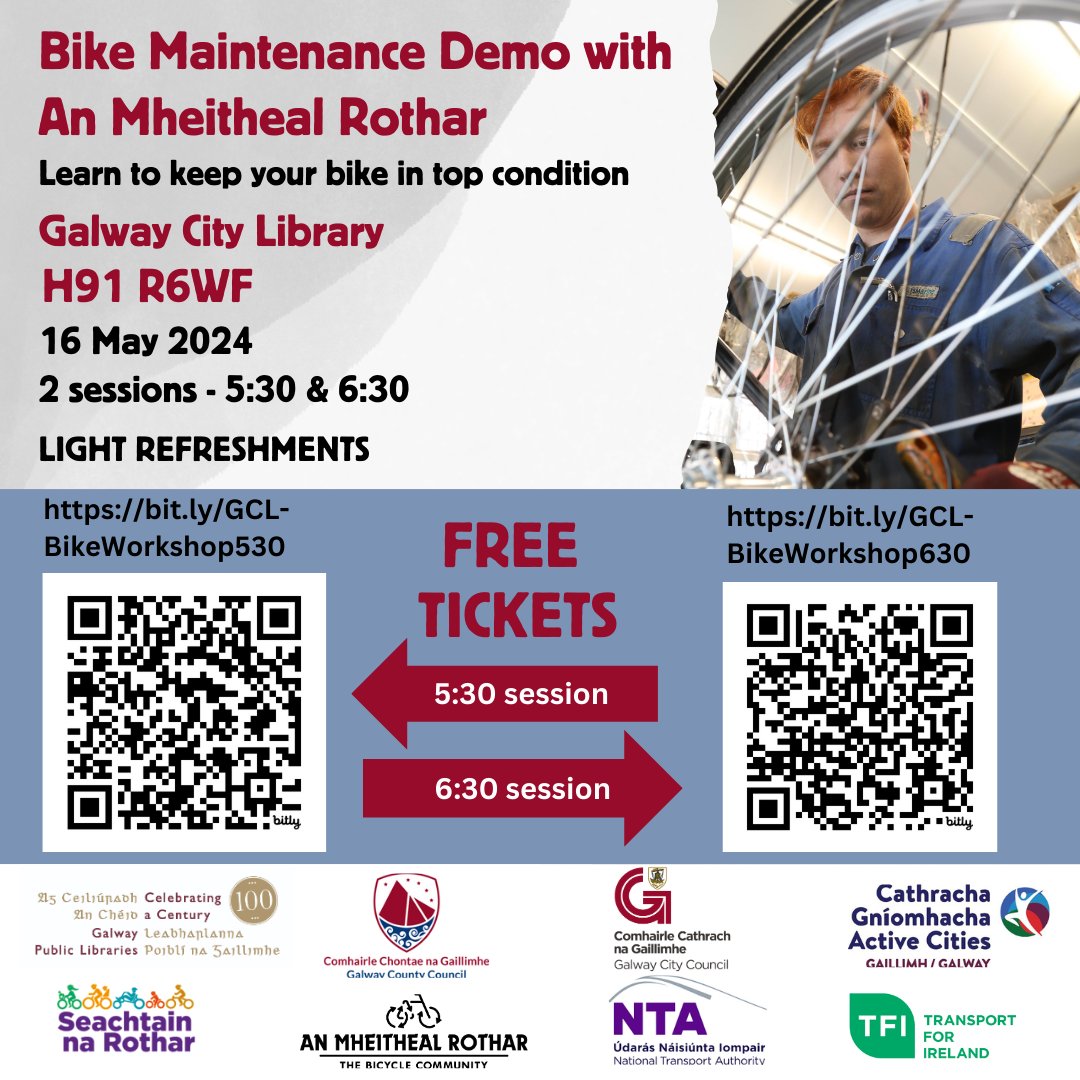 Don’t let common bike maintenance problems keep you off the road! Come down to @galwaycitylib on Thurs 16 May when @MheithealRothar will show you how to keep your bike in top condition. Free events- see image below to claim your free ticket.#bikemaintenance#BikeWeek2024#libraries