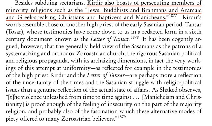 The Zoroastrian clergy and the persecution of religious minorities. 

The famous Zoroastrian priest Kartir boasts about his persecution of Jews, Buddhists, Brahmans, Christians, and Manichaeans. 

Source: 

Zoroastrianism: Its Antiquity and Constant Vigour, by Mary Boyce Page 142