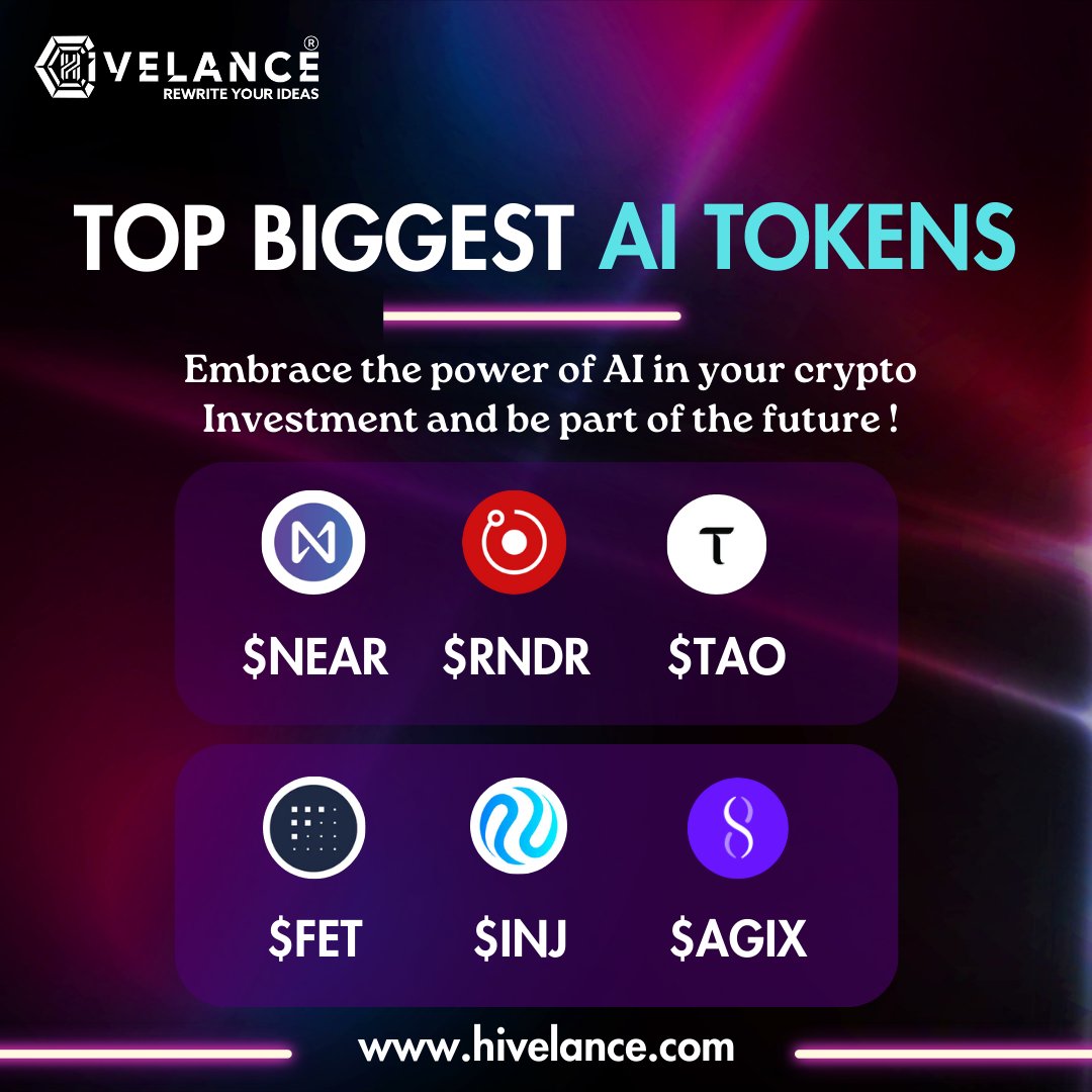 These AI-driven tokens will help you stay ahead in the digital world: $NEAR, $RNDR, $TAO, $FET, $INJ, and $AGIX. Invest in #cryptocurrencies  and harness the power of #ArtificialIntelligence to stay ahead of the trend!
Visit- hivelance.com/ai-token-devel…

#hivelance #aitokens  #ai
