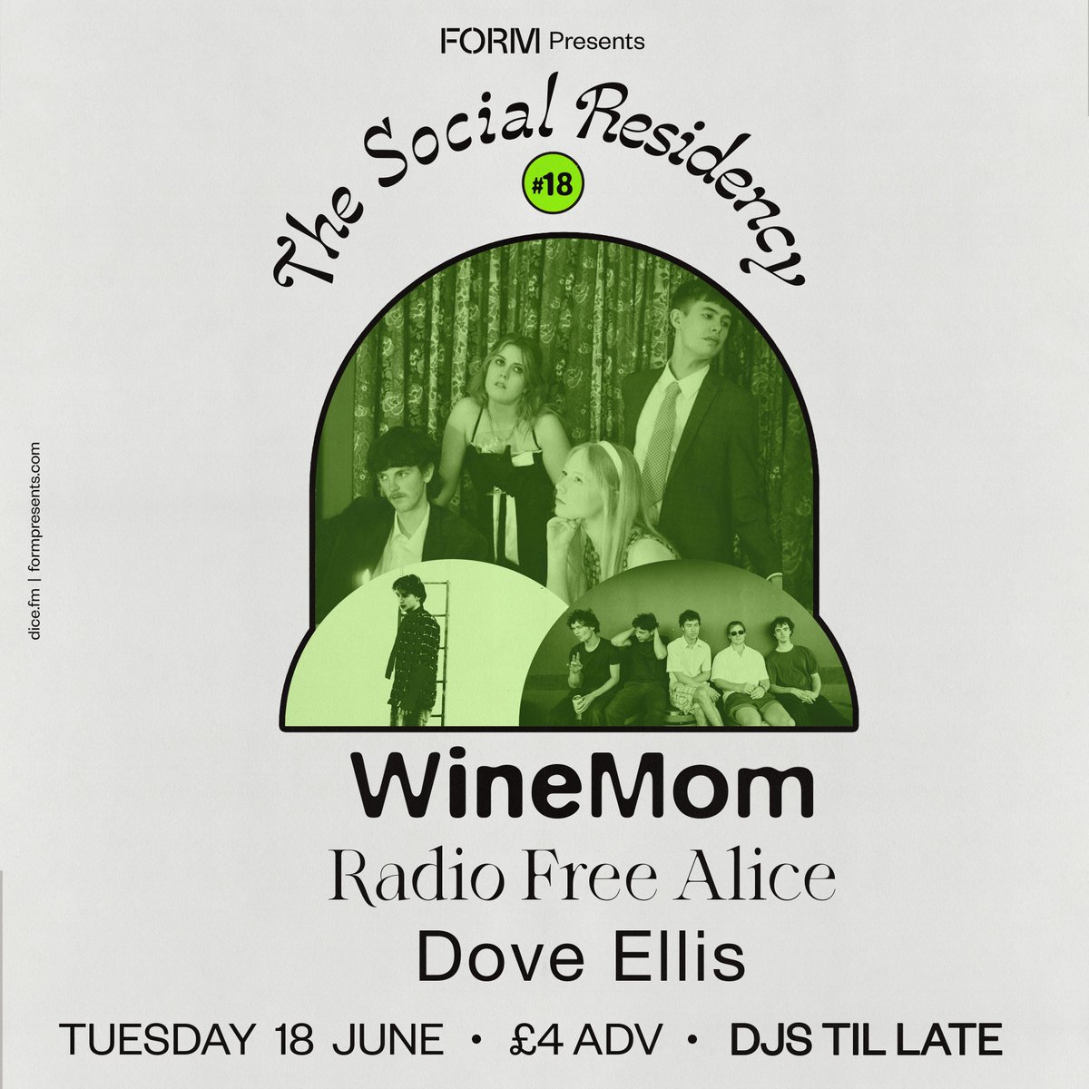 The 18th edition of our @thesociallondon residency series features Dublin-based four piece WineMom, Melbourne risers Radio Free Alice, and the Galway-born, Manchester-based Dove Ellis! 🎟 Tickets are on sale now: link.dice.fm/Q0f147938a67