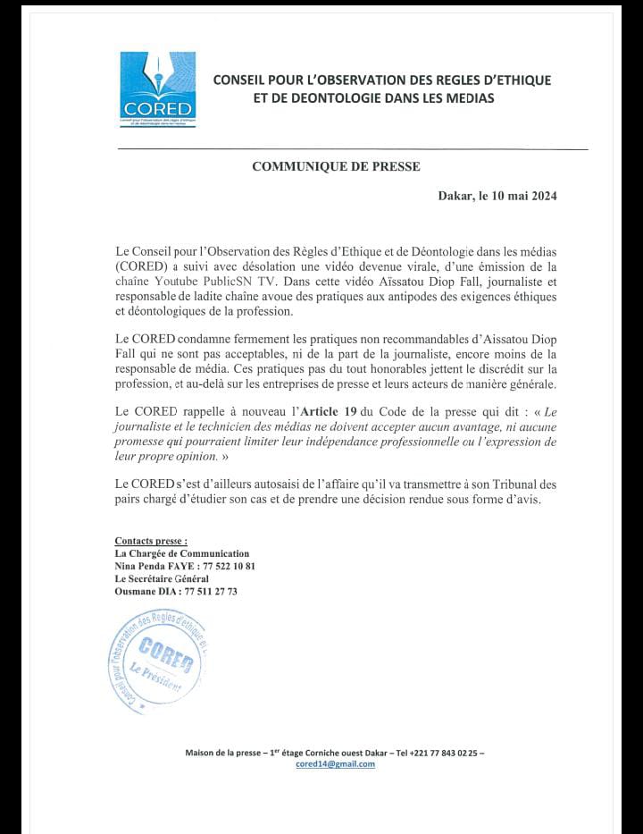 fannyjc4's tweet image. Rappel de l&apos;Article 19 du Code de la presse à Aïssatou Diop Fall : «Le journaliste et le technicien des médias ne doivent accepter aucun avantage, ni aucune promesse qui pourraient limiter leur indépendance professionnelle cu l&apos;expression de leur propre opinion » #Cored