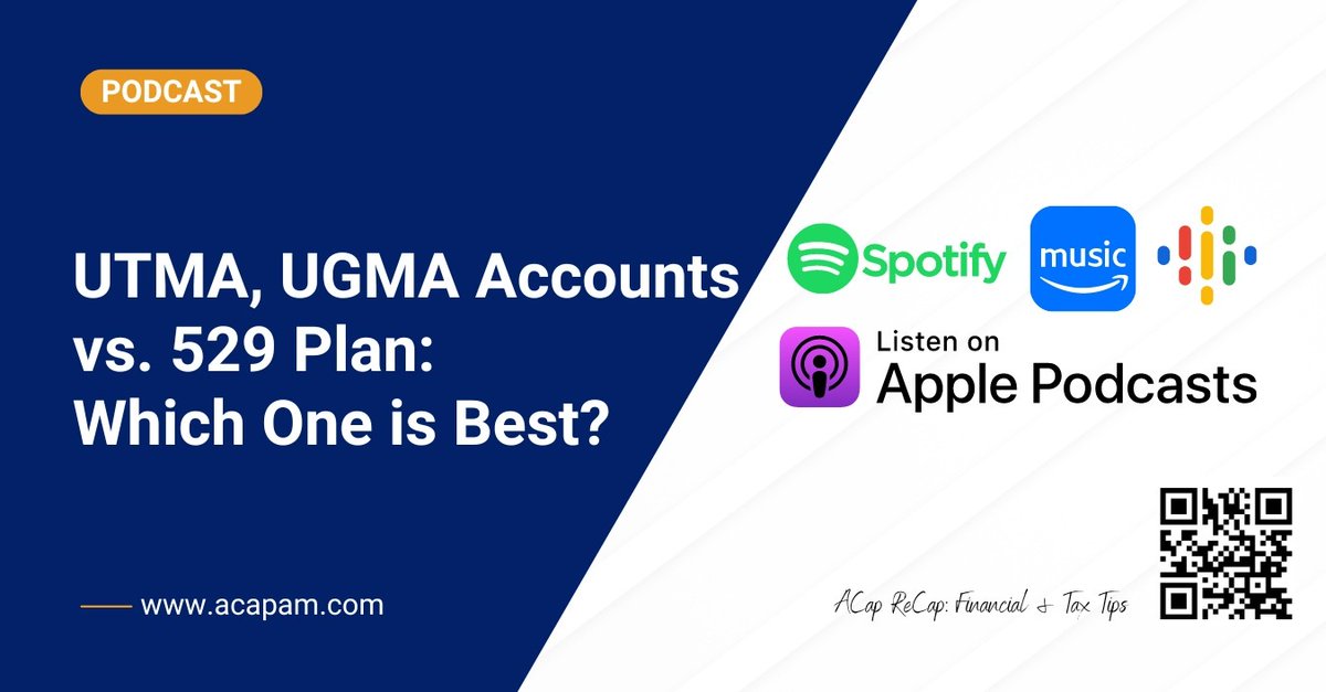 acapam's tweet image. Are you a parent looking for the best way to save for your child's future? 

#UTMA, #UGMA, and #529plans are all great options, but which one is right for you? 

🎙️Tune in to this #ACap ReCap episode where we break down the differences:
hubs.la/Q02wFYfW0