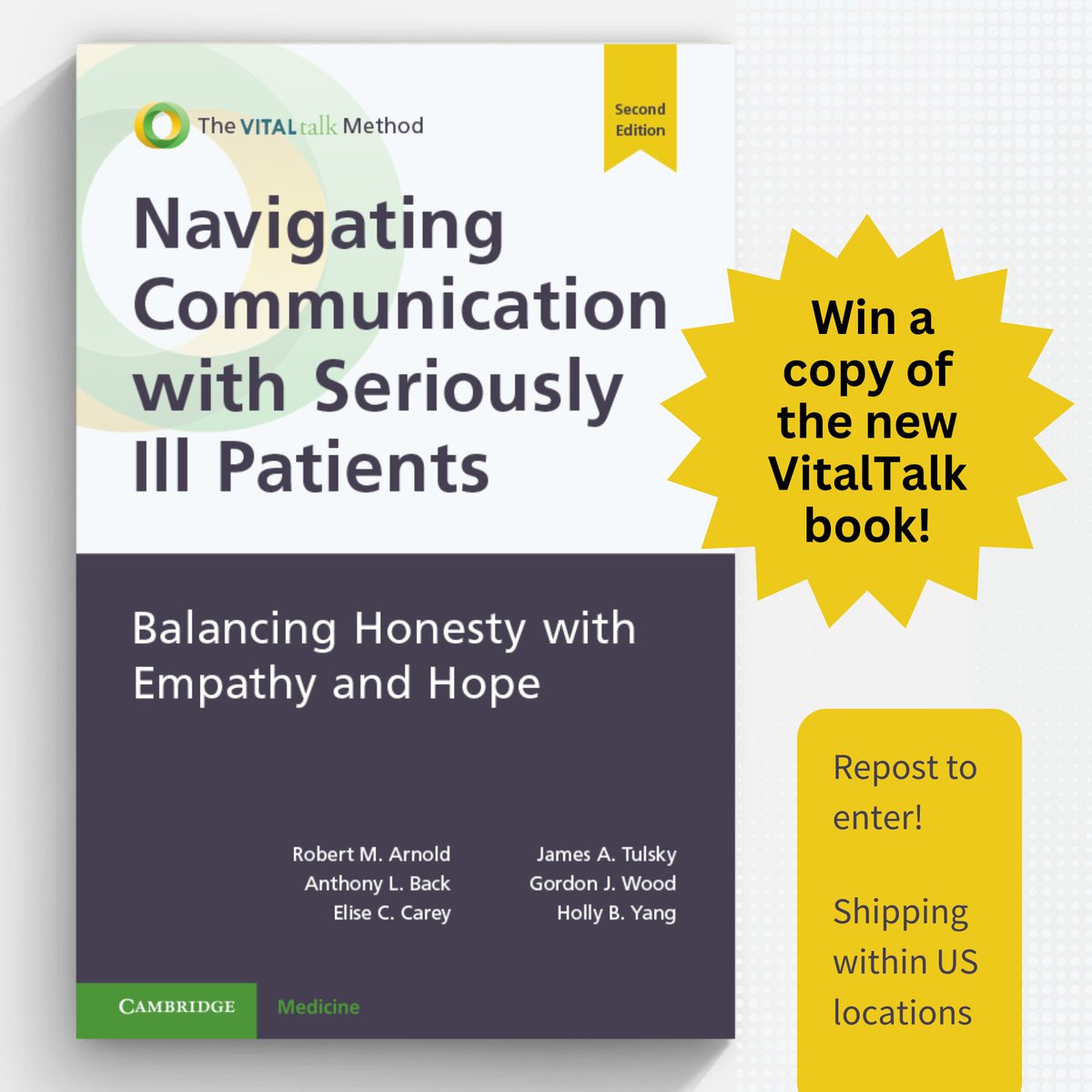 A MUST-READ for all Geriatricians, PalCare specialists and anyone caring for the seriously ill: @VitalTalk has released the 2nd ed of Navigating Communication. Repost to win a copy! Or skip the contest & order now! amzn.to/3wyozxp @rabob @anthony_back @jatulsky @hollyby