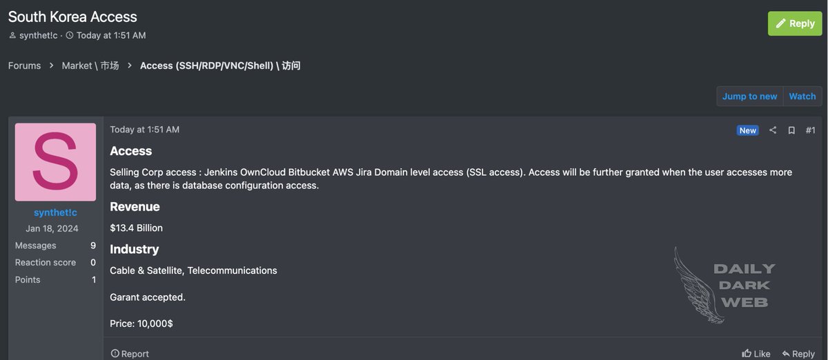 #SouthKorea 🇰🇷 - Threat Actor Allegedly Offers Unauthorized Access to South Korean Telecom Giant dailydarkweb.net/threat-actor-a… #DarkWeb #access #telecom #sale