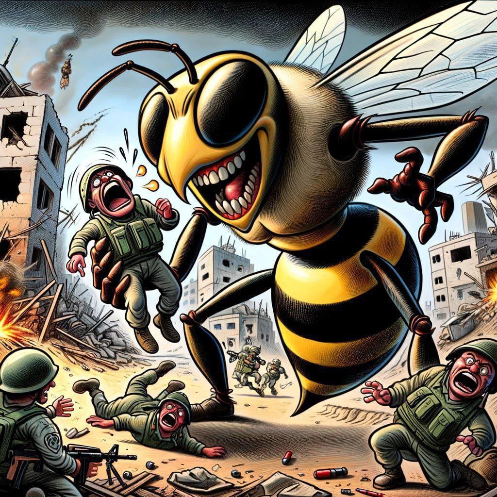 یک تانک ارتش رژیم اسرائیل در حین عملیات در جنوب غزه، لانه زنبور را زیر گرفت. پس از آن تعداد زیادی زنبور بیرون آمدند و سربازان را نیش زدند که ۱۲ مصدوم به بیمارستان منتقل شدند. احتمالا زنبور های غزه هم به عنوان نیروی تروریستی بشناسن چرا که از خانه و کاشانه خودشون دفاع کردند. #رفح