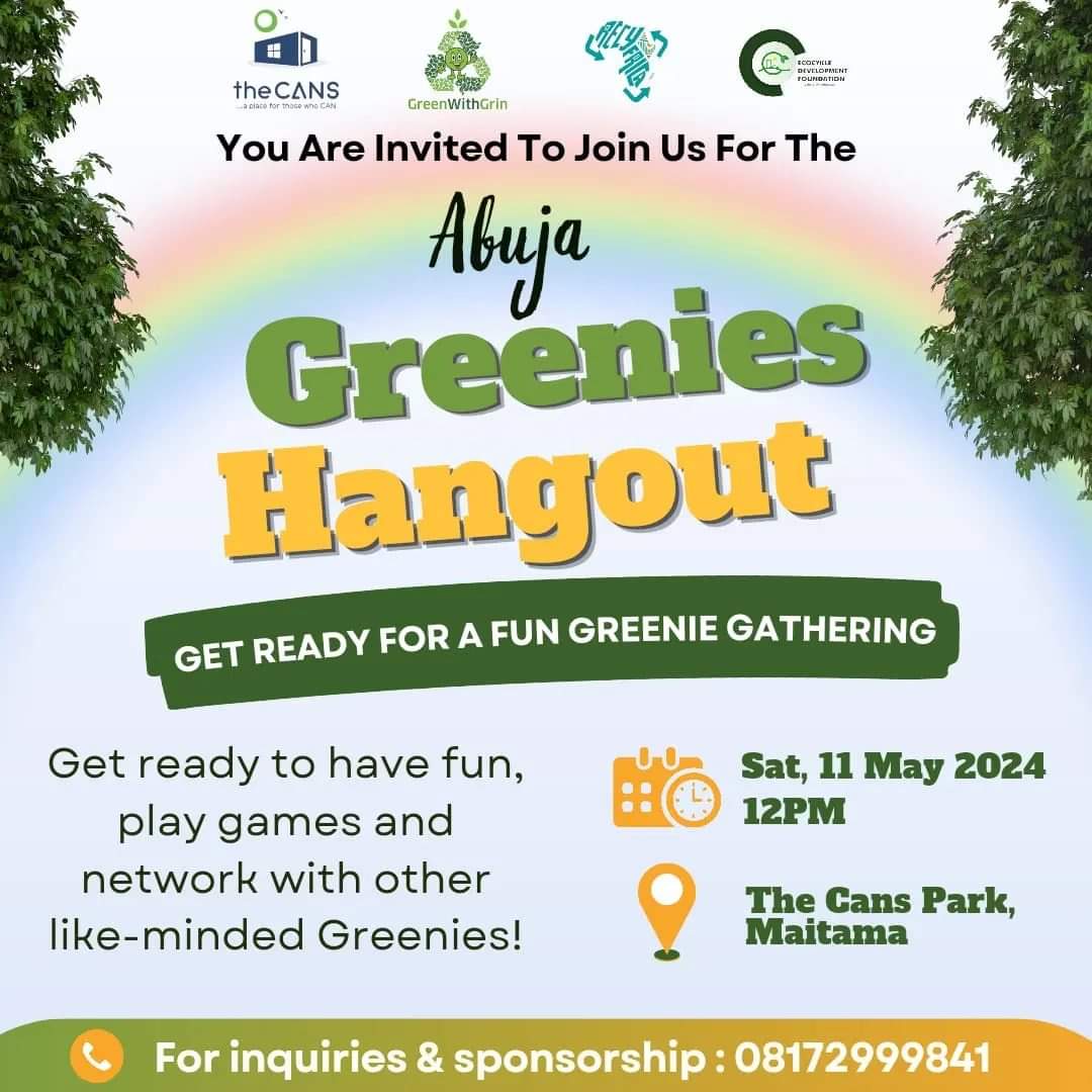 Join us for an unforgettable day of eco-friendly fun at the Greenie Hangout! Happening on Saturday, May 11th at 12PM at The Cans Park in Maitama. Don't miss out on this incredible event - register now at the link below: forms.gle/C5pB742cUsYETT… See you there! #GreenieHangout