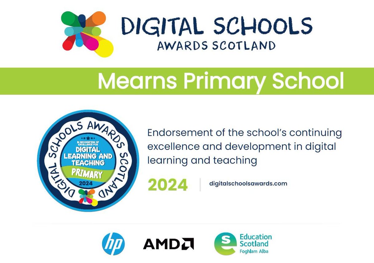 Exciting new initiative from @Schools_Digital ~ I was thrilled to award @Mearns_Primary the new #EndorsementAward. @OfficialLeeDunn do you remember awarding their #DigitalSchoolsAward back in 2017? Mearns have continued to thrive & maintain a high standard of digital education 🥇
