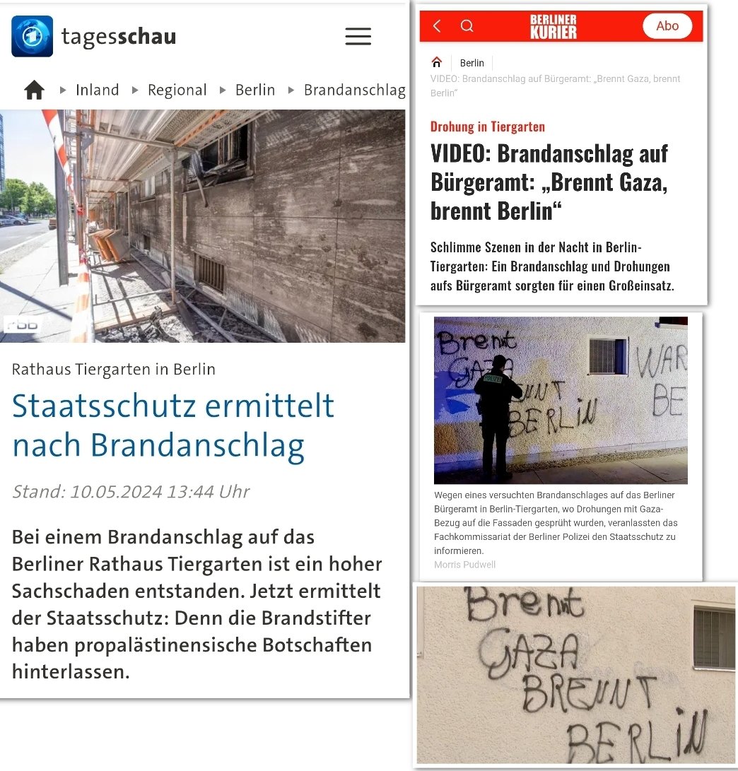 Beim Brandanschlag auf das Berliner Rathaus Tiergarten wurde die Drohung 'Brennt Gaza, brennt Berlin' hinterlassen. Laut der Tagesschau haben die Brandstifter propalästinensische Botschaften hinterlassen. #ReformOerr #OerrBlog