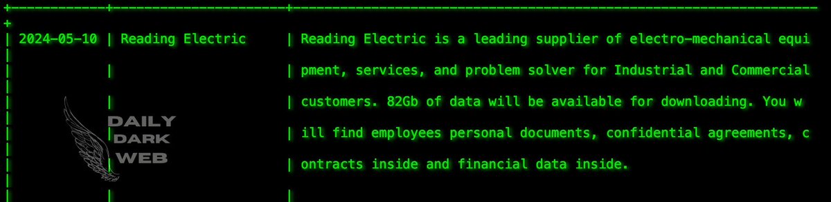 #USA🇺🇸- Akira #ransomware group has announced Reading Electric, a leading supplier of electro-mechanical equipment, on its victim list The group claims to have 82GB of data, including employees' personal documents, confidential agreements, contracts, and financial data #DarkWeb