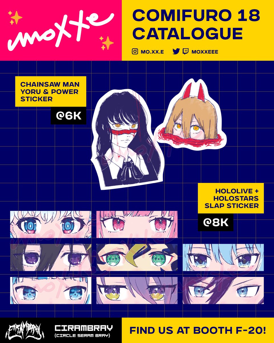 moxxeee's tweet photo. Telat naroh katalog di twitter tp gpp hehe, sampai bertemu di Comifuro nanti! Yang mau stiker Hololive, Holostars, sama CSM mampir yah 👀👋

#Comifuro18 #Comifuro18Catalogue #cf18 #cf18catalog https://t.co/AiMpsOqFrm