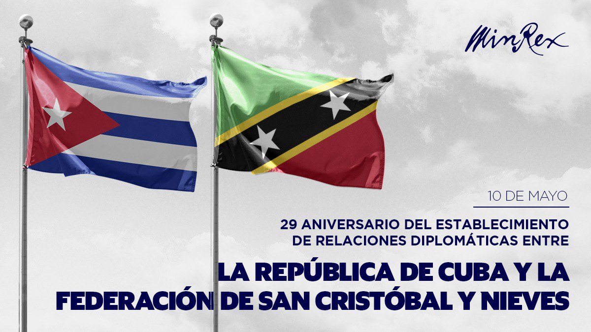 #Cuba 🇨🇺 celebra junto al hermano pueblo y gobierno de San Cristóbal y Nieves 🇰🇳, el Aniversario 29 del establecimiento de relaciones diplomáticas. Reiteramos nuestra voluntad de continuar fortaleciendo los históricos lazos de cooperación y amistad que nos unen. ✍️ @CubaMINREX