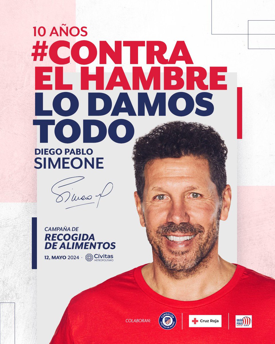 Diego Pablo Simeone (@simeone) on Twitter photo Este domingo, a partir de las 14h, los esperamos en la carpa del Cívitas <a href="/Metropolitano/">Riyadh Air Metropolitano</a> para luchar contra el hambre.
#ContraElHambreLoDamosTodo Este domingo, a partir de las 14h, los esperamos en la carpa del Cívitas <a href="/Metropolitano/">Riyadh Air Metropolitano</a> para luchar contra el hambre.
#ContraElHambreLoDamosTodo