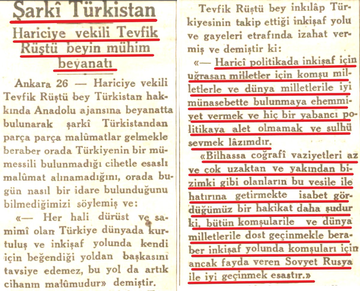 Kemalistlerin bir balonu daha patlıyor. Dışişleri Bakanı Tevfik Rüştü Aras 'Doğu Türkistan'daki Müslüman Türkler ve kurdukları devlet bizi ilgilendirmez, Sovyet Rusya ile iyi geçinmemiz' lazım demiş! 30 Ocak 1934 tarihli Akşam gazetesi