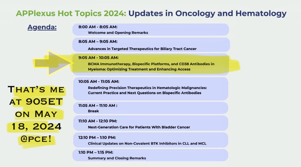 That’s me on the agenda❤️Want to learn critical updates on #bispecific #antibodies, #CD38 #monoclonal antibodies, & #CART in #multiplemyeloma? 
Join me virtually next Sat.,May 18th and stay to learn key updates! #oncology #advanced #providers #physician #assistants and #nurses!