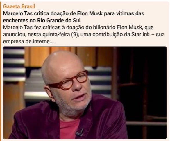 Marcelo Tas teve sua relevância em  algum momento. Hoje não passa de um frustrado isentão, aposentado e amargo. Criticar uma ajuda tão valiosa, me faz pensar no que esse cara está ajudando neste momento. 🤡