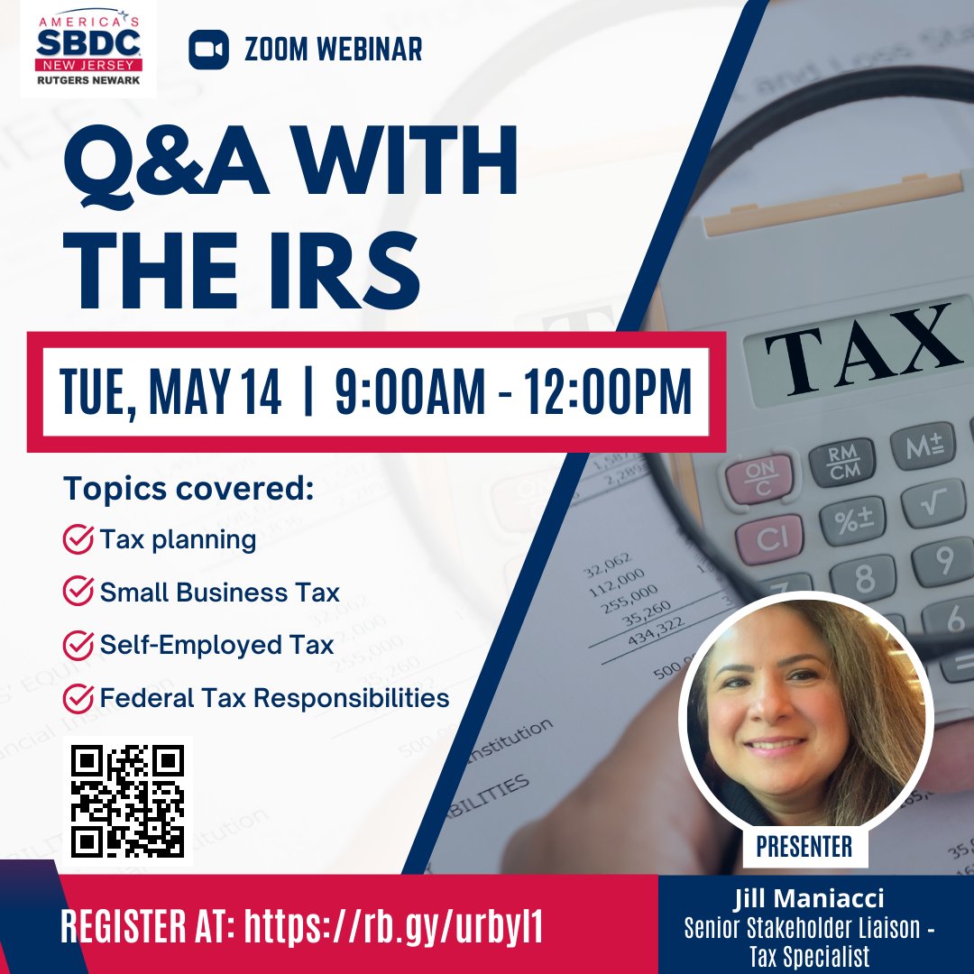 💼 Q & A with the IRS💡
-
ZOOM WEBINAR
Tuesday, May 14
9:00 am - 12:00 pm
Registration link : rb.gy/urbyl1
-
#businessstrategy #taxpreparation #RNSBDC #smallbusinesswebinar #smallbusinessowners