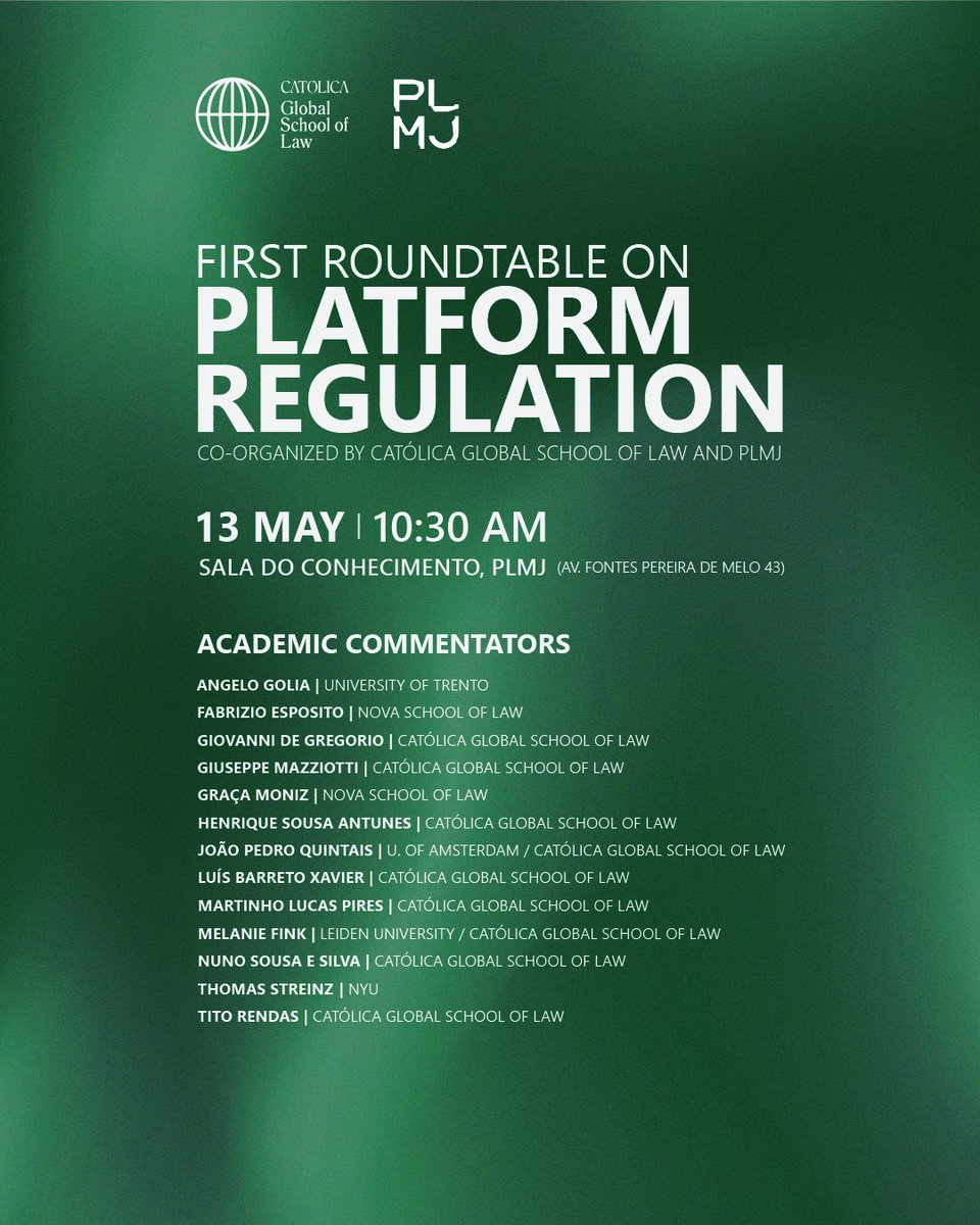 📆 And next week will start with our first roundtable on Platform Regulation, co-organized with PLMJ 🎙️ Participants include @AJrGolia, @JPQuintais, @MelanieFink1, @gmazziotti, @G_De_Gregorio, @titorendas, @espositofabriz, @gracacantomoniz, @MLucasPires, @t_streinz & many more!
