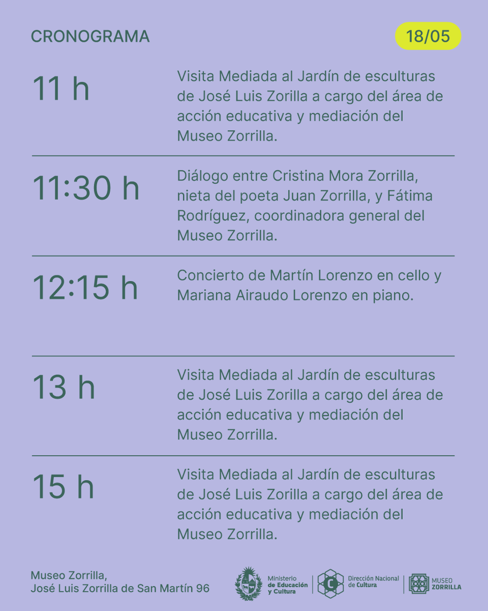 El próximo 18 de mayo, Día Internacional de los Museos, los invitamos a "Secretos de Jardín". Se podrá visitar el jardín escultórico del artista José Luis Zorrilla, disfrutar de un conversatorio y un concierto. 
Más info sobre el cronograma en la imagen. Entrada libre y gratuita.