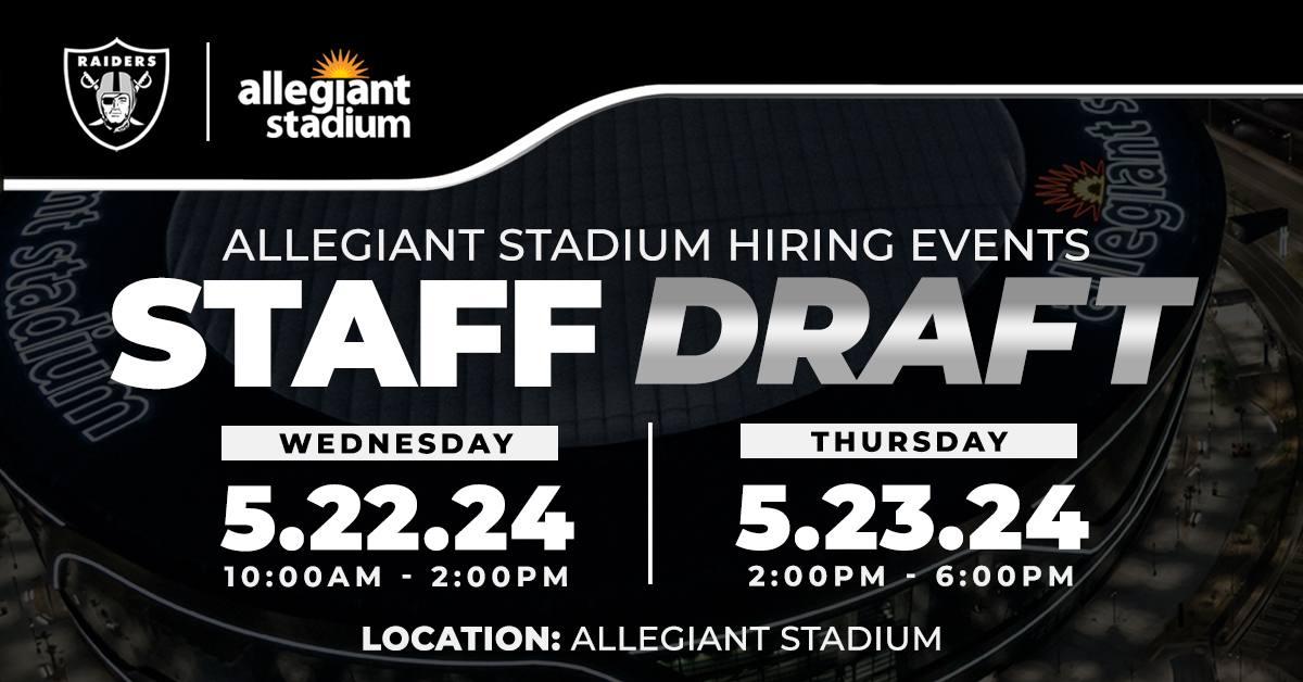 Allegiant Stadium hosts its annual in-person 'Staff Draft' for Las Vegas Raiders game day positions May 22-23! Interviews are conducted on-site at the state-of-the-art venue. bit.ly/44zaoor