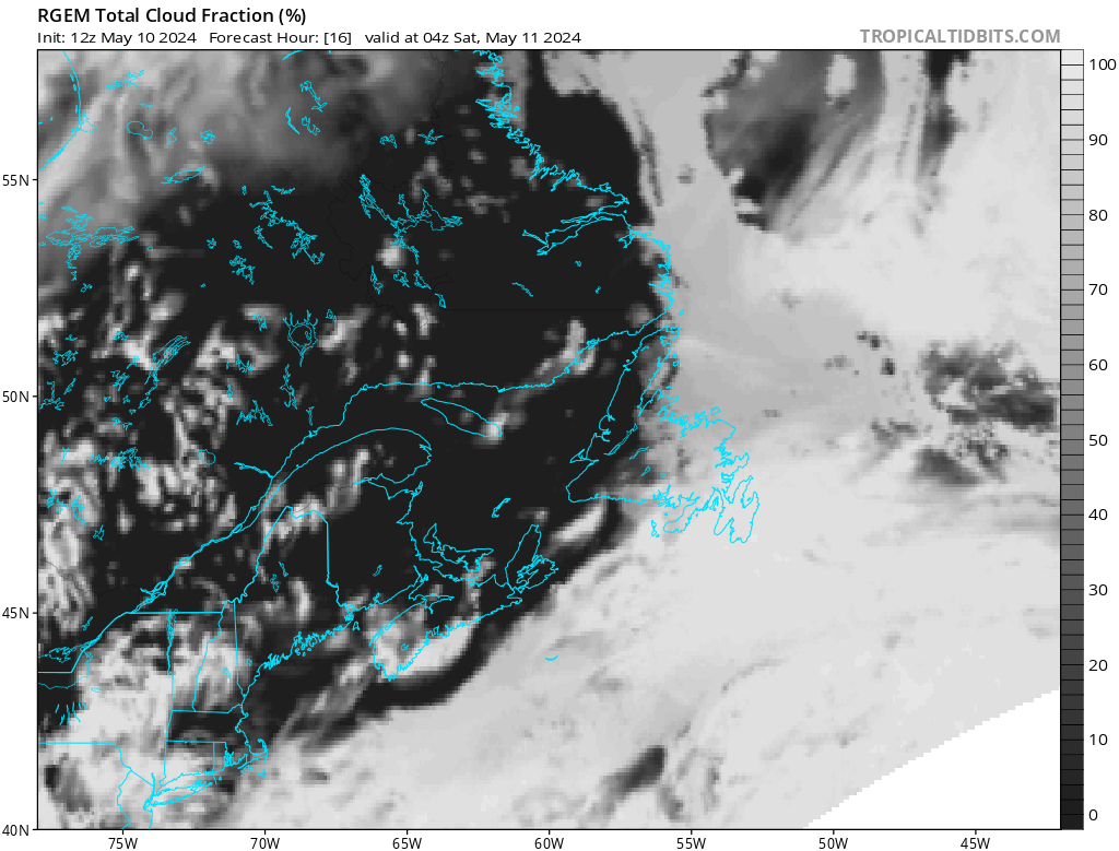Weather permitting, there could be a fantastic display of the aurora borealis in Atlantic Canada overnight tonight. Canadian RDPS cloud model shows greatest opportunities for clear skies will be central/eastern Maritimes and western N.L. <a href="/chronicleherald/">The Chronicle Herald</a> #NSwx #NBwx #NLwx #PEwx