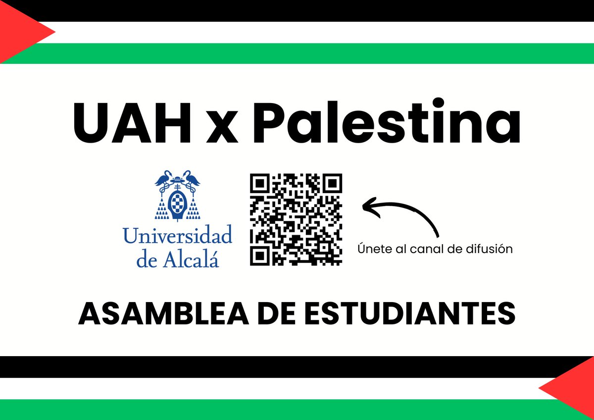 Hola a todos/as!🇵🇸

La próxima semana, los estudiantes de la Universidad de Alcalá nos reuniremos en asamblea en defensa de Palestina y organizar acciones de protesta frente al genocidio.

Si queréis estar informados/as, uniros al canal de difusión de la asamblea!

#UAHxPalestina