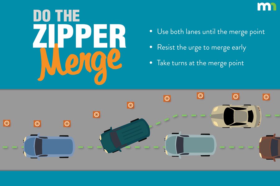 Don’t worry about being “Minnesota Nice”—do the zipper merge! Use both lanes when traffic is backed up and resist the urge to merge early. It may feel strange, but it helps reduce congestion and keep everyone moving. Learn more: mndot.gov/zippermerge