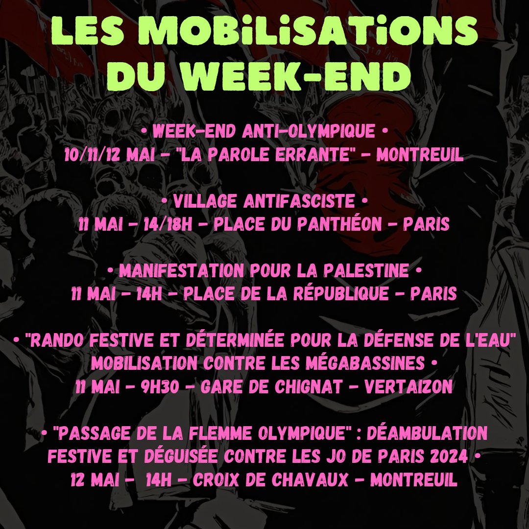 🔴Les mobilisations du week-end en #France. Mobilisation(s) contre les #JeuxOlympiques de #Paris2024 à #Montreuil, Village Antifasciste et manifestation pour la #Palestine à #Paris, Rando contre les #megabassines à #Vertaizon.