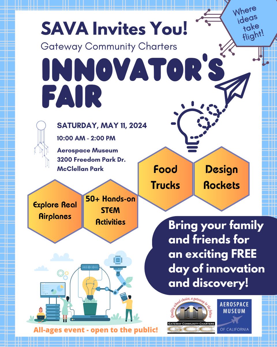 SAVA_Charter's tweet image. Join us TOMORROW, 5/11 from 10am-2pm for GCC&apos;s Innovator&apos;s Fair at the Aerospace Museum! @gcc_charters #gcclevelup #elevateourimpact