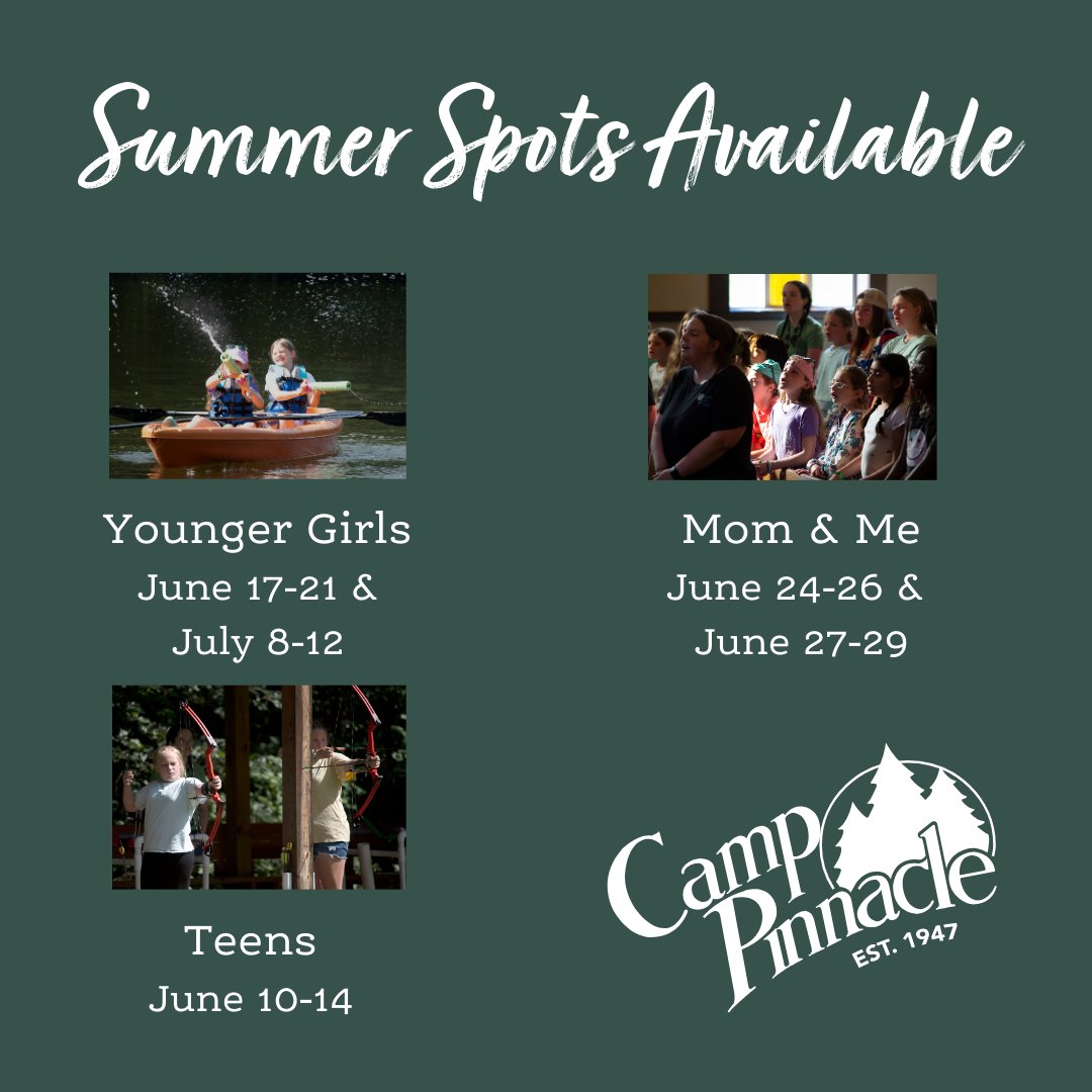 Camp Pinnacle provides opportunities for Georgia Baptist girls of all ages to grow a heart of service to the Lord. There are still a few spots left for each of the camps offered. Learn more and register here: camppinnacle.net