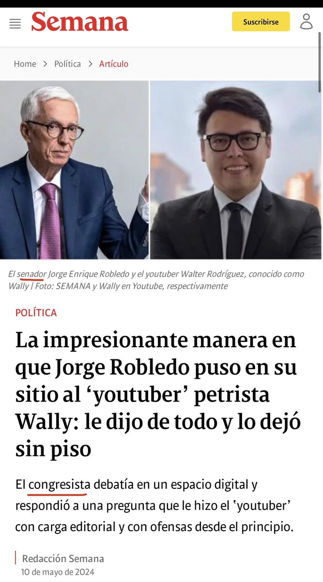 La gente de Semana es tan mediocre que hicieron un artículo donde le dicen 'Senador' y 'Congresista' a Robledo, que ya no es Senador hace rato. El Uribismo en pleno amangualado con Robledo (como pasa desde hace años) defensor de Claudia López, quien además no me pudo contestar.🙆🏻‍♂️