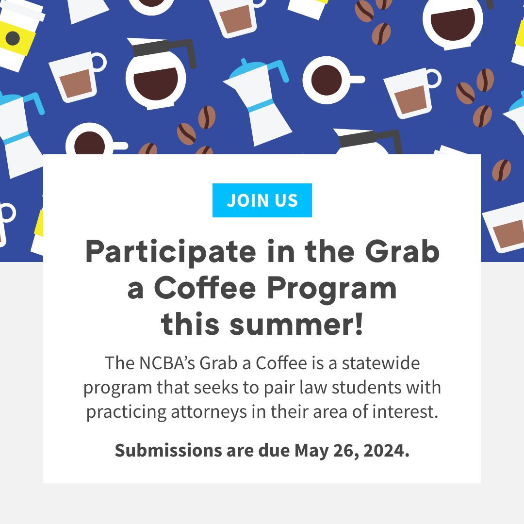 The NCBA Young Lawyers Division’s Grab a Coffee program pairs law students with practicing attorneys in their area(s) of interest. ☕ Students can sign up at buff.ly/44x1qYP and attorneys can sign up at buff.ly/3UxJQza.