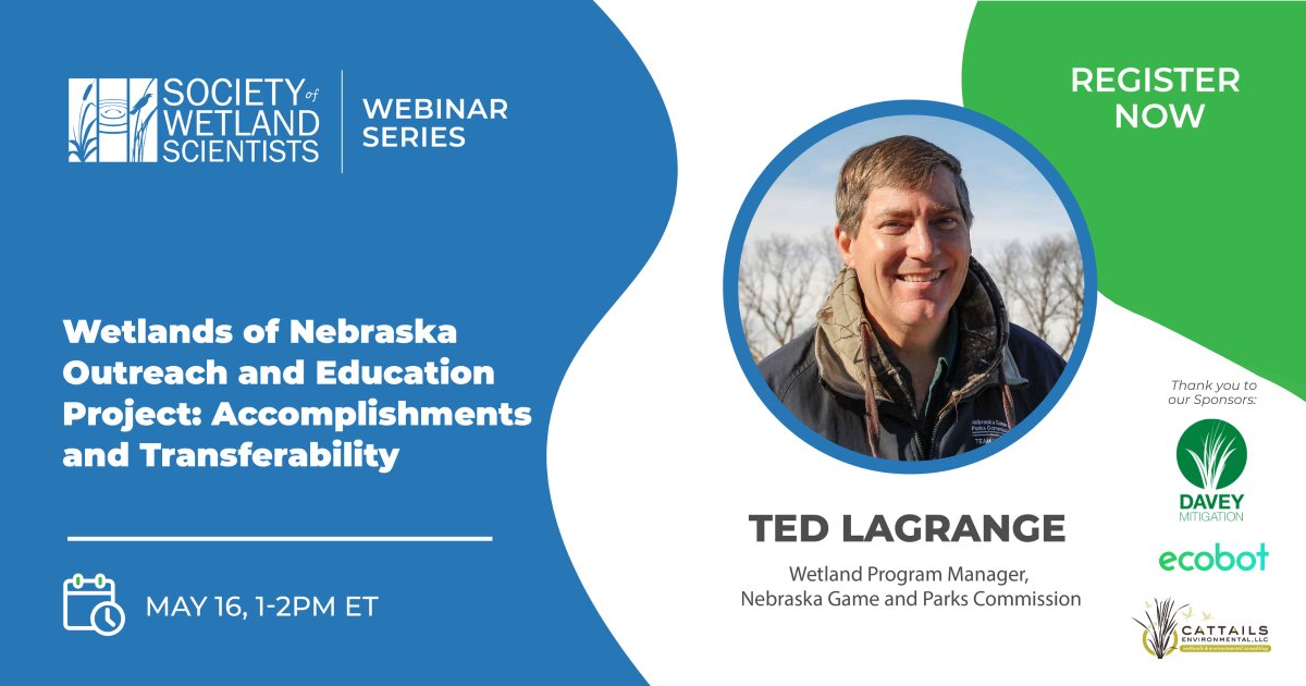 Join us for our webinar 'Wetlands of Nebraska Outreach and Education Project: Accomplishments and Transferability': bit.ly/SWSMayWebinar2… Check out services and promotions provided by our webinar sponsors @DaveyTree , @ecobotapp , and Cattail Environmental, LLC.