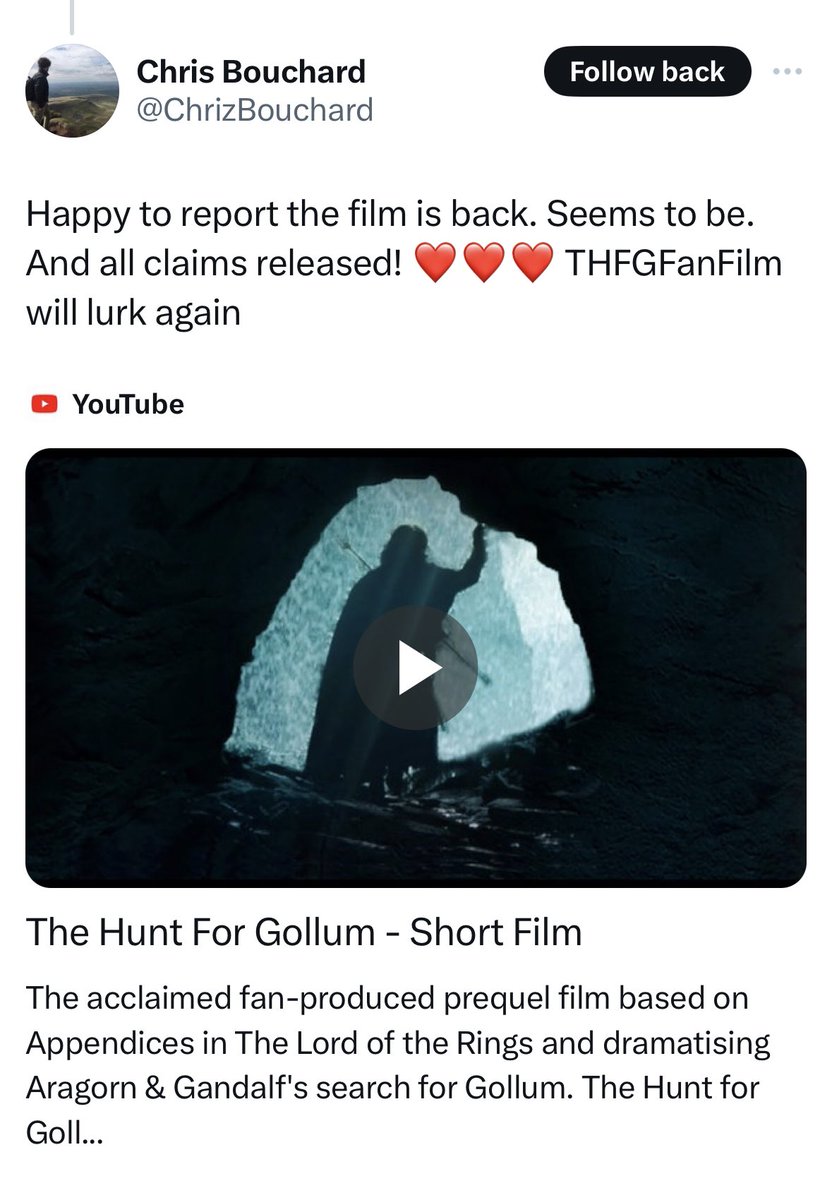 DiscussingFilm's tweet photo. Warner Bros has lifted the copyright strike from ‘THE HUNT FOR GOLLUM’ fan film, which they claim was done in error. https://t.co/22ZJQ70f77