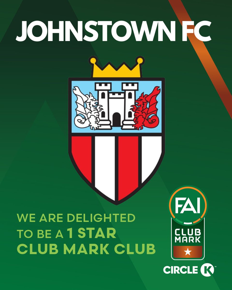 We at Johnstown FC are delighted to announce we have been awarded the FAl Club Mark One Star Development Centre Award. 
 Huge thanks to Graeme @faimeath for his support.
Thanks to our volunteers for the huge effort to get it across the line!
#upthejohnner #CommunityClub #onestar