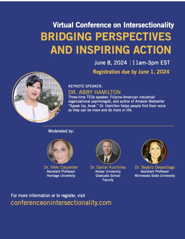 HU Asst. Professor Dr. Vikki Carpenter will co-moderate "Virtual Conference on Intersectionality: Bridging Perspectives and Inspiring Action" on June 8, 2024, 11am-3pm EDT. Register by June 1. More info in flyer!