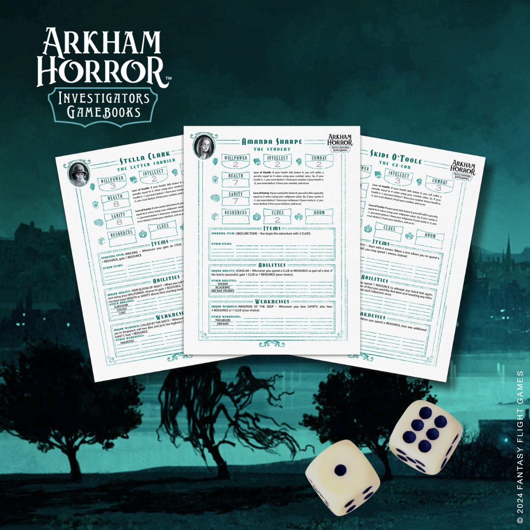 New Gamebook Investigators Now Available! Stella Clark, Amanda Sharpe, and Skids O'Toole can now be downloaded and used as playable characters in The Darkness Over Arkham. Check out the website to find their character sheets! aconytebooks.com/investigators